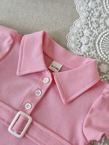 Newborn Baby Girl Pink Collar Cap Sleeve Romper - Rose Red - View 10