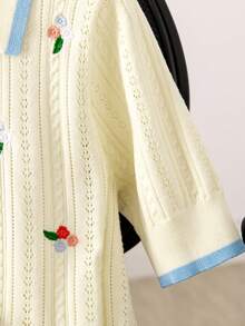 2026 New Spring/Summer Lightweight Knit Polo Collar Blouse With Premium Plant Embroidery & Cutout Design For Women - Apricot - View 5