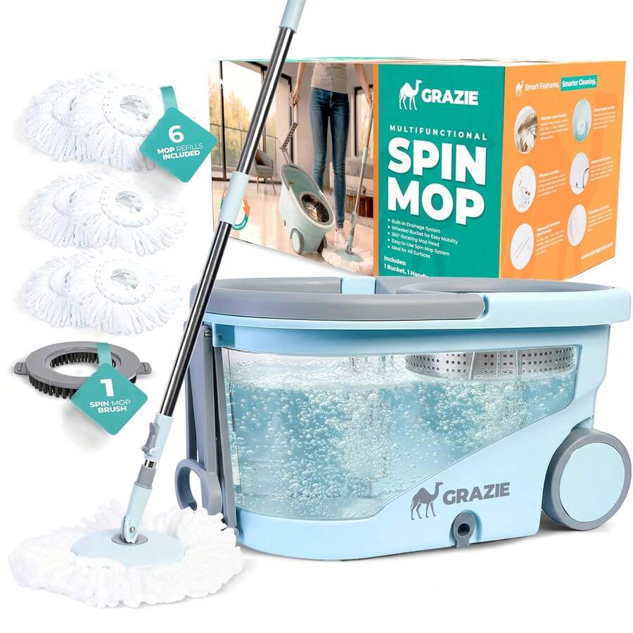 Spin Mop And Bucket With Wheels Wringer 360 Microfiber Mop With Stainless Steel Handle Self Wringing Cleaning System Bucket With Drain For Tile Hardwood Laminate Floors Includes 6 Mop Head Refills - 彩色 - 查看 1