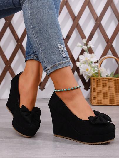 Women's Spring New Suede Bow Tie Wedge Mary Jane Shoes, Platform Thick Bottom Fashionable Versatile Shoes