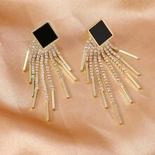 1 Pair Crystal Embellished Long Tassel Earrings, Paired With Delicate Accessory Earrings - Gold - View 3