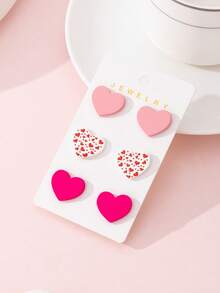 3对/套浪漫心形珐琅仿软陶设计时尚耳钉套装，女士款，情人节和约会的完美礼物 - 彩色 - 查看 2