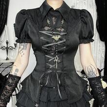 CF25140 Gothic Style Cross Hollow Lolita Shirt Subculture Versatile New Palace Style Short Sleeve - màu đen - Xem 3
