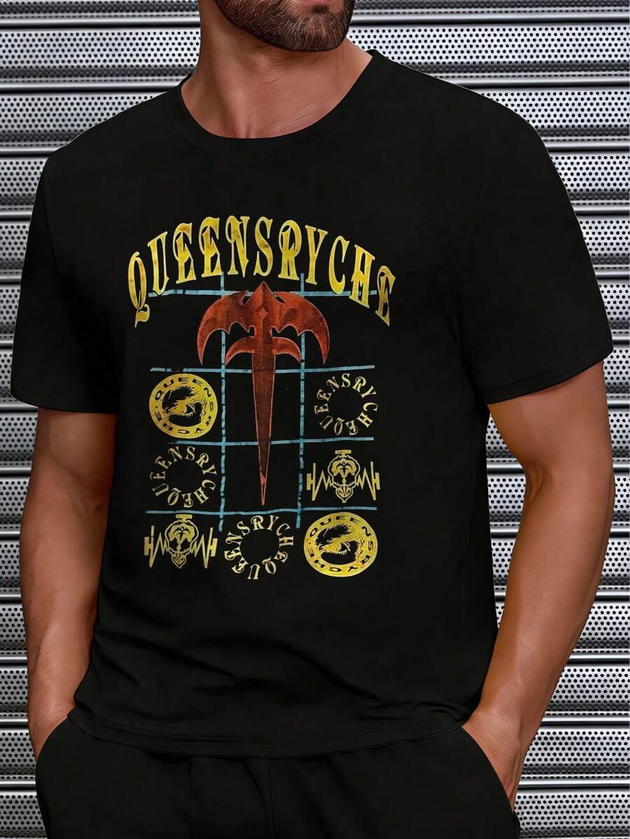 QUEENSRYCHE Back  Tee Suitable For All Seasons, Casual Style, Slight Stretch Fabric, Regular Fit,Men'S 100% Stretch Crew Neck Eavyweight 200gsm Pure Cotton T-Shirt - Black - View 1