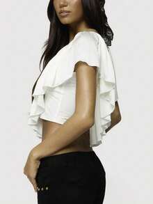Women Y2K Ruffled V Neck Crop Top Frill Trim Tie Back Tops Summer Going Out Top Vintage Boho Blouse Shirt Streetwear Rave Outfit,Concert Outfit,Valentines Clothes,Beach Vacation Outfits - trắng - Xem 4