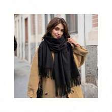 Women's Thick Cashmere Blend Scarf – Warm Long Tassel Shawl, Cozy Dual Use Wrap For Winter - trắng - Xem 2