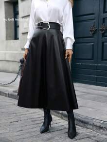 Falda de cuero PU de cintura alta de unicolor para mujer, falda elegante de línea A, falda casual negra, falda de cuero para citas, falda negra, falda para fiesta, falda de cumpleaños para mujer, ropa de invierno - Negro - Ver 5