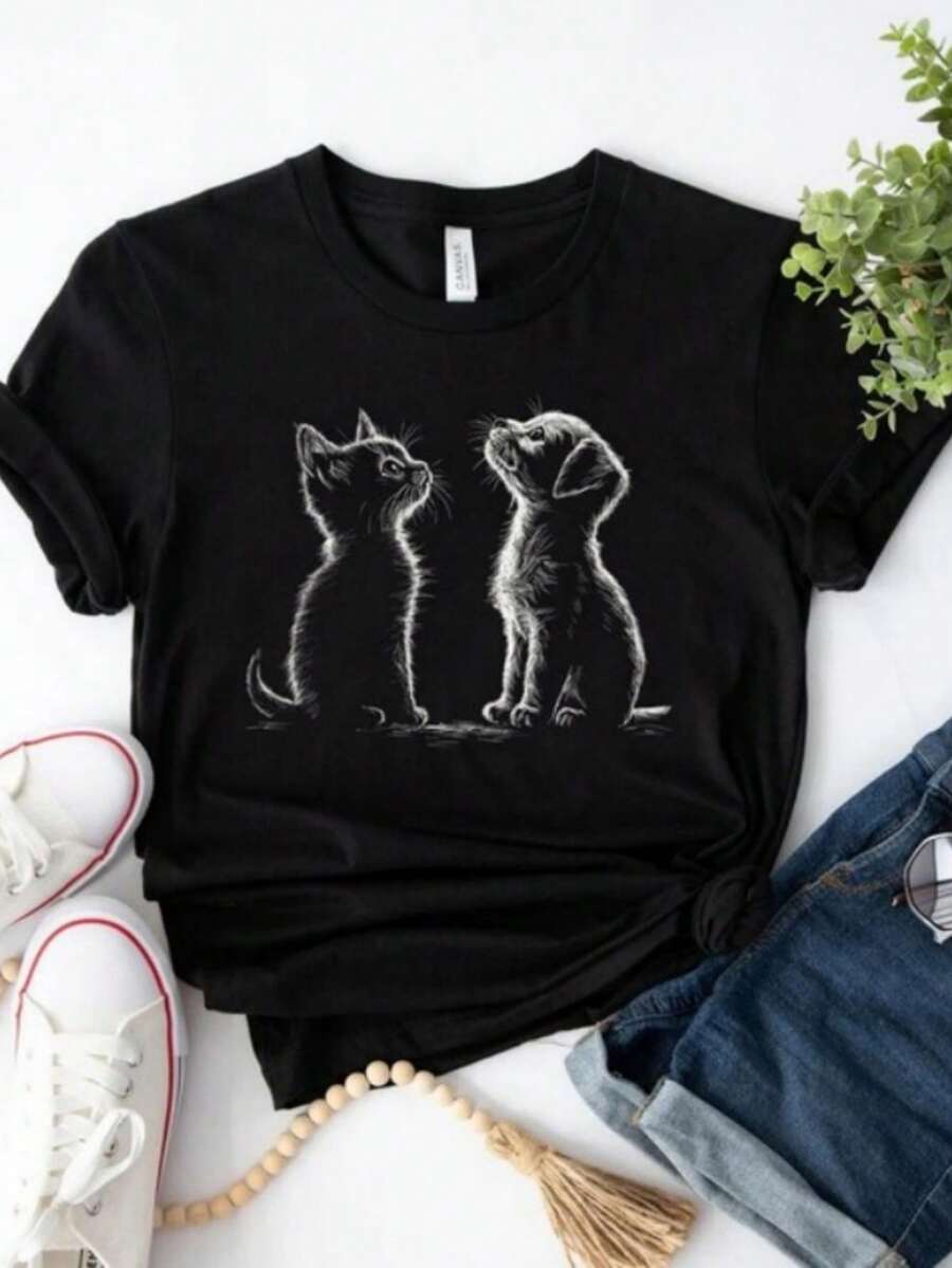 Dog and Cat Bestfriends Shirt, Kitten and Puppy Tee, Pet Owner T-Shirt, Cat And Dog Owner Top, Pet Lover Gift, Cat Mom Tee, Dog Dad Shirt - Negro - Ver 1