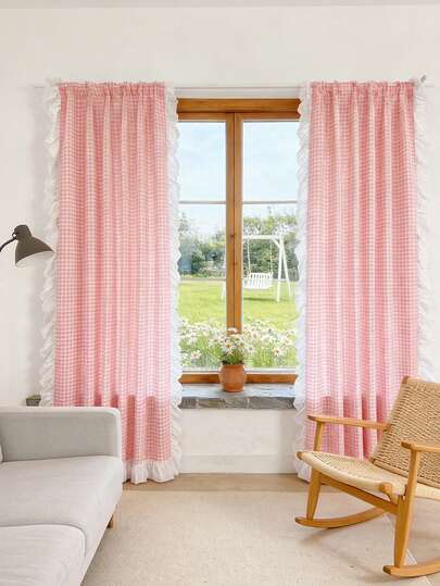 1pc Pink Plaid Ruffle Edge Curtain, French Country Vintage Style Decorative Window Curtain, Rod Pocket Top Installation, Suitable For Bedroom, Living Room, Balcony, Sunroom Decoration Partition In Spring And Autumn