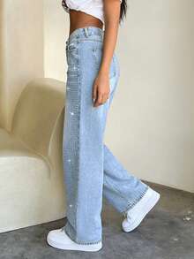 女士时尚做旧水钻装饰宽松直筒牛仔裤 - 淺色水洗藍 - 查看 2
