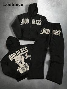 Lonblece 2pcs Autumn/Winter Streetwear Brand Prayer Print Hoodie Sweatshirt Set, Unisex Loose Casual Hoodie And Straight Pants Two Pieces Outfit, #Art Punk, Young Casual - Black - View 1