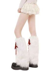 1 双白色毛绒腿套，带 Y2K 风格绒球，保暖腿套，配红色蝴蝶结，日式秋冬风 - 白色 - 查看 5