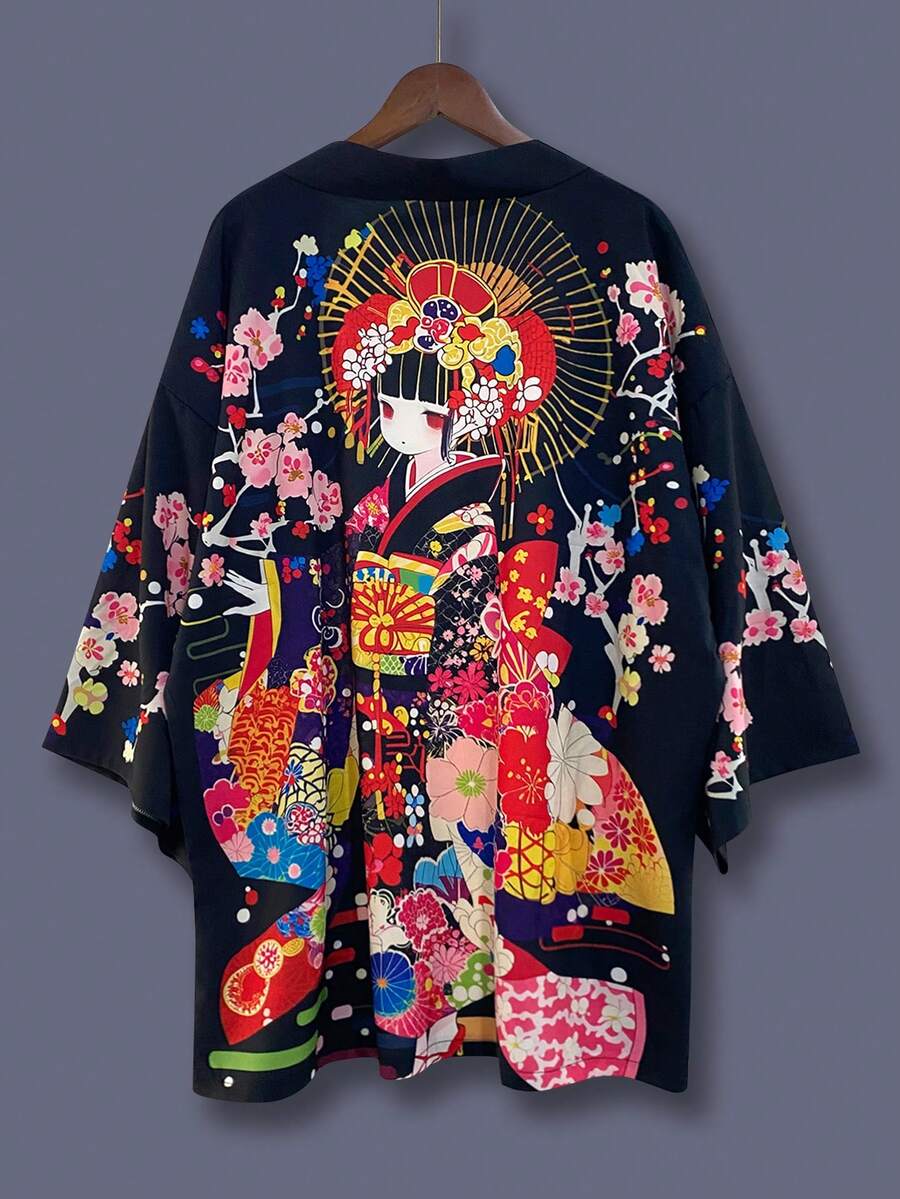 Japanese Style Kimono Cover Up, Minimalist Vintage Cartoon Girl Print, Loose Fit Spring/Summer Unisex Couples Thin Outerwear, Casual Beach Travel Vacation Robe, Festival Party Costume - Black - View 1