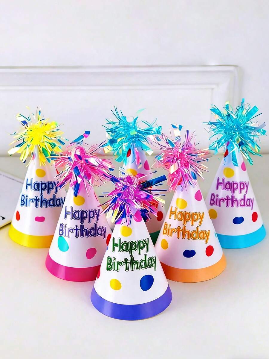 6pcs Silver Foil Fringe Colorful Party Hats, Birthday Party Cone Hats, Cute Cake Cone Birthday Paper Hats, Adorable Crowns, Adult Party Hat Assortment, Bridal Shower Bachelorette Party Decorative Hats, Colored Hats With Gold Decor, Birthday Party Hats - Multicolor - View 1