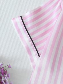 [Elegant Fields]2pcs/Set Plus Size Women's Satin Trim Collared Short Sleeve Top And Striped Bow Shorts, Summer Pajama Set Loungewear, Outfits - Pink - View 4
