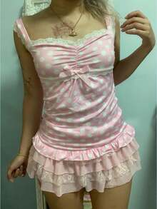 Women's Y2K Polka Dot Tank Tops Fairy Grunge Lace Trim Bow Camisole Cute Ruched Lace Ruffled Hem Cami Tops Sleeveless Slim Fit Coquette Crop Tops For Teen Girls Vintage Shirts Summer Aesthetic Tops - 粉紅色 - 查看 1