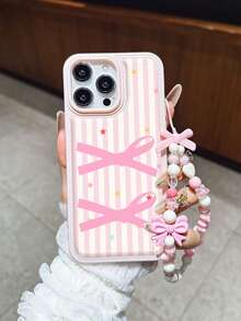 条纹星形蝴蝶结TPU防震手机壳，新款软壳，适用于 17 Pro Max、16/16 Pro Max、15/13/12/14、XR/7/8、15 Pro Max、16 Plus等型号，时尚配饰，带挂绳，推荐送给女性的礼物 - 粉色 - 查看 3