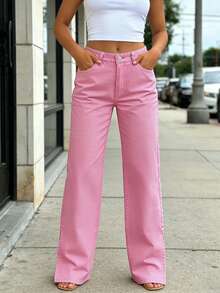 Women's Pink Classic Sweet Straight Leg Jeans, Y2K Casual Long Pants, Spring Everyday Fashion Must-Have - Pink - View 2