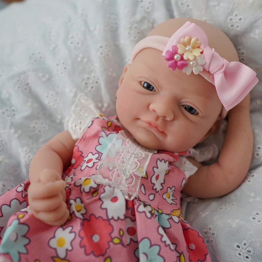 12 Inch Miniature Cute Full Body Soft Silicone Baby Doll Girl With Flower Dress, Lifelike Reborn Doll, Perfect Kids Birthday Christmas Halloween Gift - Multicolor - View 1