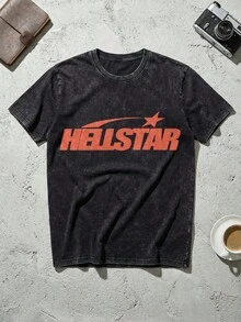 Red Shooting Star Logo Graphic Tee Unisex Couple Matching Boyfriend Style Hell Star Double Sided Print Bold Colorway Flame Face Acid Washed Cotton Graphic Tees Men Oversized T Shirt Summer Outfits Camisetas Para Hombre - màu đen - Xem 4