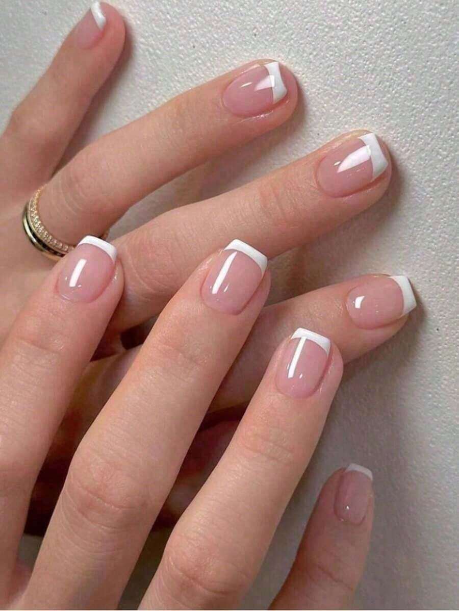24pcs Short Shiny Coffin Nails Pink White French Fake Nails Reusable For Women. Press On Nails - Hồng - Xem 1