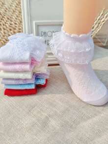6 Pairs Girls Spring/Summer Socks, Breathable Mesh Lace Trim Princess Style Embroidered Ruffle Socks, Soft & Comfortable, Fashionable For Holidays, School, Outdoor, Travel, Daily Wear - Multicolor - View 1