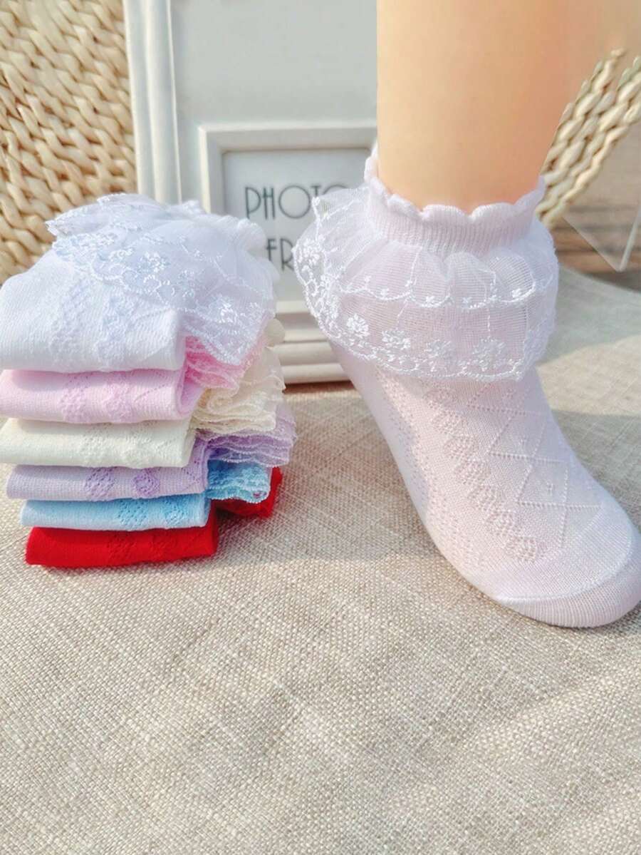 6 Pairs Girls Spring/Summer Socks, Breathable Mesh Lace Trim Princess Style Embroidered Ruffle Socks, Soft & Comfortable, Fashionable For Holidays, School, Outdoor, Travel, Daily Wear - Multicolor - View 1