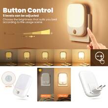 1个/2个装带运动传感器的夜灯，2个LED夜灯灯座，3种模式（开/自动/关）和5档亮度可调，适用于卧室 - 查看 3