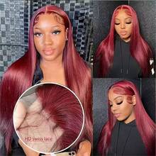 200% Density Straight Lace Front Wig, Human Hair Blend, 13x4 Transparent Lace, Glueless Wig For Women, Brazilian Virgin Hair, Pre-Plucked Hairline With Baby Hair, Color: Black, Length: 24 Inches, #99J Wine Red - SBUG/99J - View 6