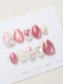 10片椭圆形粉色猫眼美甲贴纸，金色镶边，3D爱心图案，适合日常佩戴和节日装扮，可重复使用，非常适合女性和女孩，可爱的美甲贴纸 - 粉色 - 查看 5