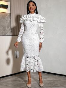 Women Elegant White Lace Mermaid Midi Dress With Mock Nock Long Sleeve Perfect For Evening Party Wedding Guest - White - View 1