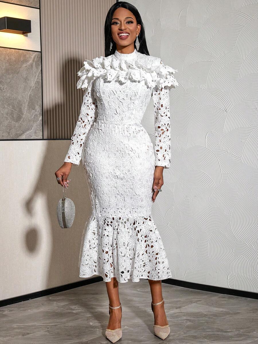 Women Elegant White Lace Mermaid Midi Dress With Mock Nock Long Sleeve Perfect For Evening Party Wedding Guest - White - View 1