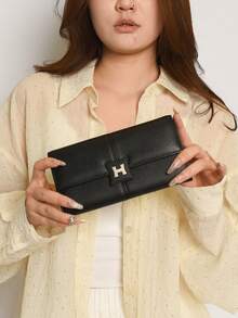 黑色仿皮钱包，女士H型搭扣手拿包，带卡槽，时尚黑色H型搭扣钱包，仿皮手拿包，适合日常使用 - 黑色 - 查看 5