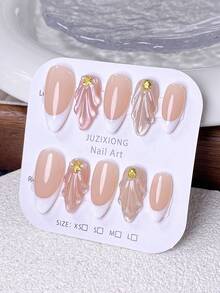 10pcs Handmade Nail Stickers, Short Nails, False Nails, French Manicure Stickers, Almond Shape Nails, White Nails, Blue Nails, Pink Nails, Cat Eye Nails, Cute Nails, New Year Nails, Minimalist Elegant Style, Handmade Gel-Like Mermaid Tail And Floating Snowflake Designs, Decorated With Pearl And Silver Bead Accents - Dusty Pink - View 5