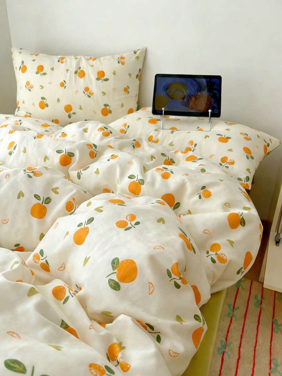 2026 Valentine's Day New Mandarin Orange Print 4-Piece Bedding Set, Warm And Fresh Fruit Pattern, Washed Microfiber, Women's Bedroom Decor, Valentine's Day Gift (1 Duvet Cover + 2 Pillowcases + 1 Flat Sheet), Excludes Comforter, Pillowcase Pattern Randomly Cut - Yellow - View 1