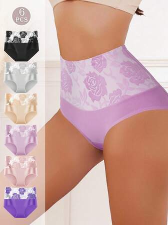 6 sztuk damskich, oddychających, miękkich i elastycznych majtek bikini z kwiatowym nadrukiem