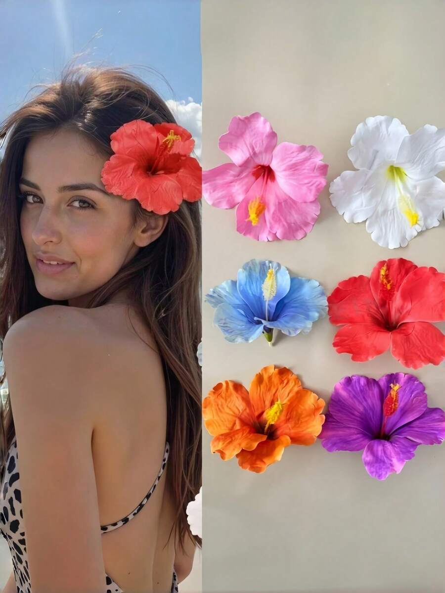 6pcs/Set Hawaiian Flower Hair Clips, Ladies Hibiscus & Lotus Flower Hair Clips, Fashion Artificial Flower Hair Clips, Summer Holiday Beach Party Hair Accessories, Bohemian Fabric Hair Clips Set, Elegant Ladies Hair Clips, Summer Women Hair Accessories, Great Gift For Girls, Valentine's Day Value Pack, Hair Claws, Hair Clips, Hair Slide, Hair Barrettes