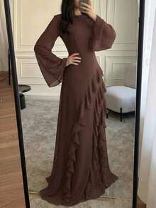 女士优雅咖啡色长连衣裙，喇叭长袖+荷叶边下摆，正式晚宴礼服 - 咖啡 - 查看 4