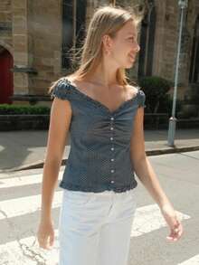 Women's Gingham Plaid Off Shoulder V Neck Short Sleeve Button Front Fitted Waist Peplum Top Ruffle Trim Crop Tops - 藍色 - 查看 2