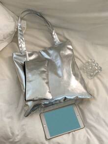 新款简约亮面字母印花两件套单肩包，大容量个性化软PU漆面通勤手提包，高光镜面时尚购物手提包 - 銀色 - 查看 5