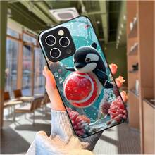 Funda de teléfono de vidrio templado con diseño de pequeño delfín sosteniendo una pelota, coral, pez pequeño, dibujo animado, rojo y azul, linda y animada para iPhone 16 15 14 13 12 11 Plus Pro Max 5G - Colores mixtos - Ver 5