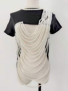 1pc Sexy Pearl Hollow Shawl, Multi-Layer Tassel Beaded Body Chain, Suitable For Bar, Nightclub Outfit - 226 Black - View 7