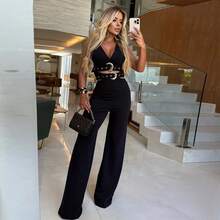 C7499 European And American Fashion Women's V-Neck Decorative Button Belt Top And Pants Set - C7499 - Black - View 4