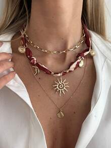 Bộ 3 món phong cách Bohemian gồm khăn quàng cổ và dây chuyền hình mặt trời, trái tim, vỏ sò dành cho nữ, trang sức kim loại sang trọng, nhẹ nhàng, thích hợp cho các bữa tiệc, đám cưới, ngày lễ, quà tặng quyến rũ. - vòng cổ - Xem 3