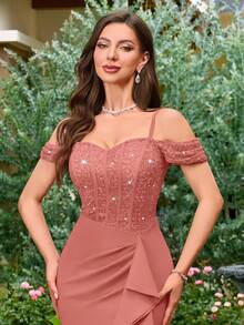 MIUSOL Vestido de cóctel ajustado con volantes asimétricos, encaje floral y lentejuelas - Rosa vieja - Ver 10