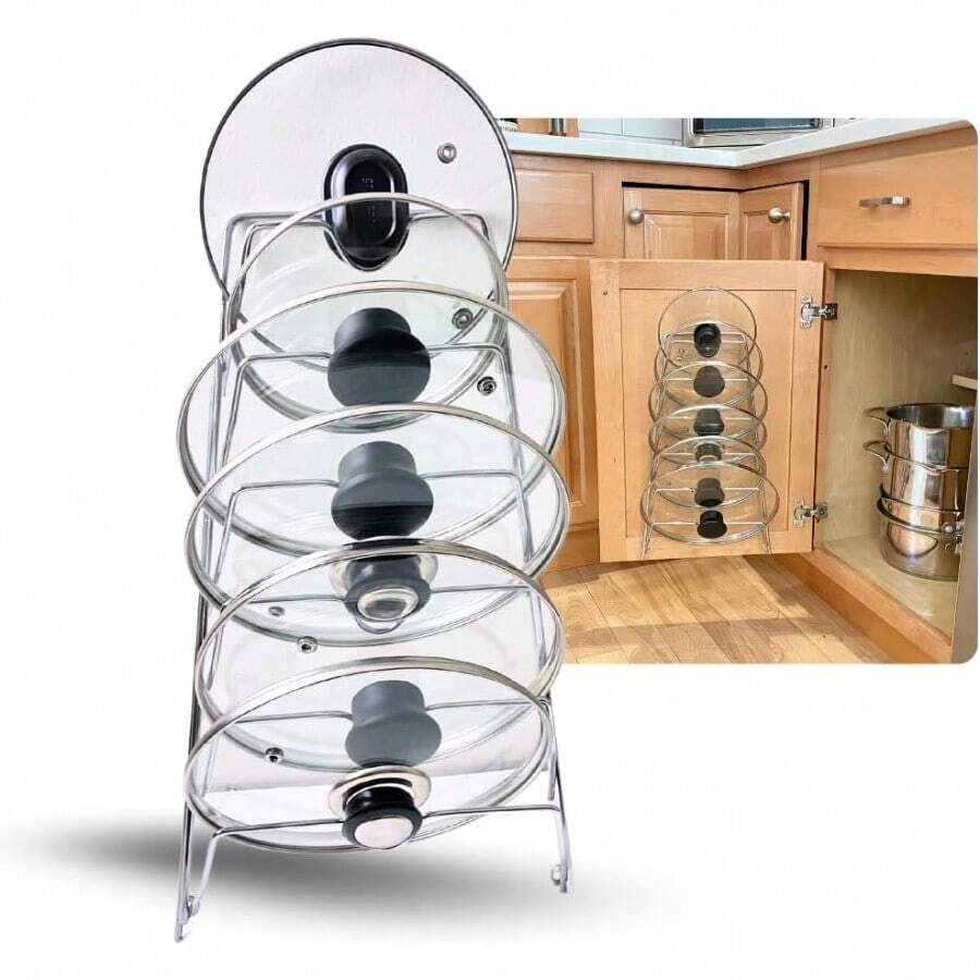 6-Tier Pot Lid Organizer For Cabinet Door Or Pantry Wall - Pots And Pans Lid Holder Rack - Glass Or Metal Pan Covers Cabinet Organizer Kitchen Storage - Chrome Finished - Bộ 1 - Xem 1