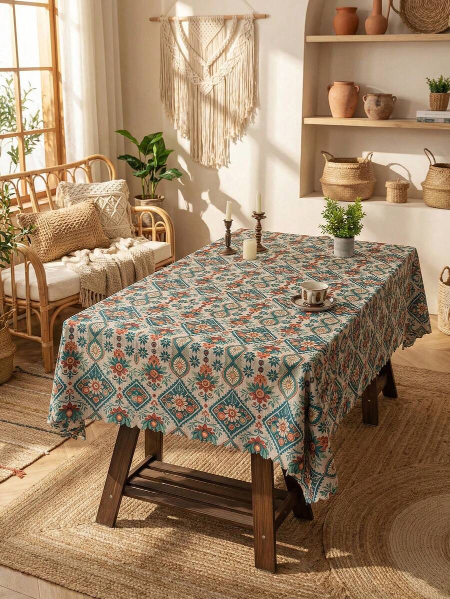 1pc Bohemian Style Line & Diamond Print Edged Tablecloth, Decorative Cover For Dining Table, TV Stand, Holiday Decor