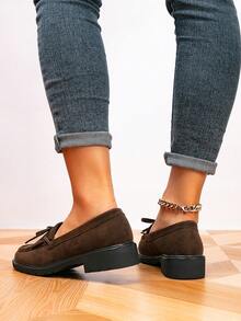 女士乐福鞋，圆头蝴蝶结装饰平底鞋，户外复古女鞋，休闲学院风鞋 - 銅色 - 查看 4