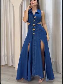 Women's Fashionable Sleeveless Denim Dress With Hollow Waist, Slit Skirt Design, Mid-Length Skirt With Metal Buckle Decoration - 藍色 - 查看 6