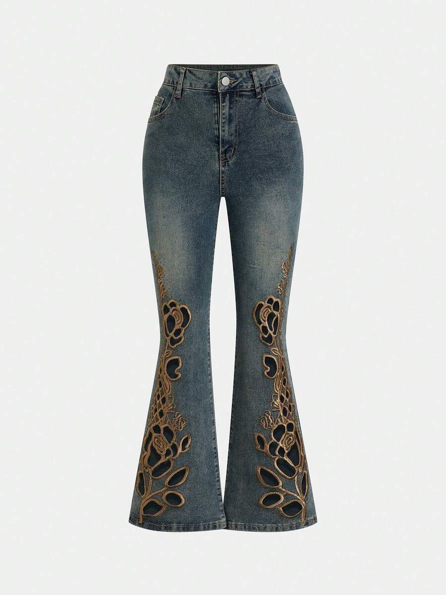 Magic Mia Women's Blue Flared Jeans - Floral Embroidery & Cutout Detail | High-Waisted Slim Fit For Daily Commute, Casual Hangouts, Date Nights & Weekend Errands | Versatile Styling For Street Walks, Café Visits & Office Lunches (Chic & Leg-Lengthening) For Effortless Daily Looks - 藍色 - 查看 1
